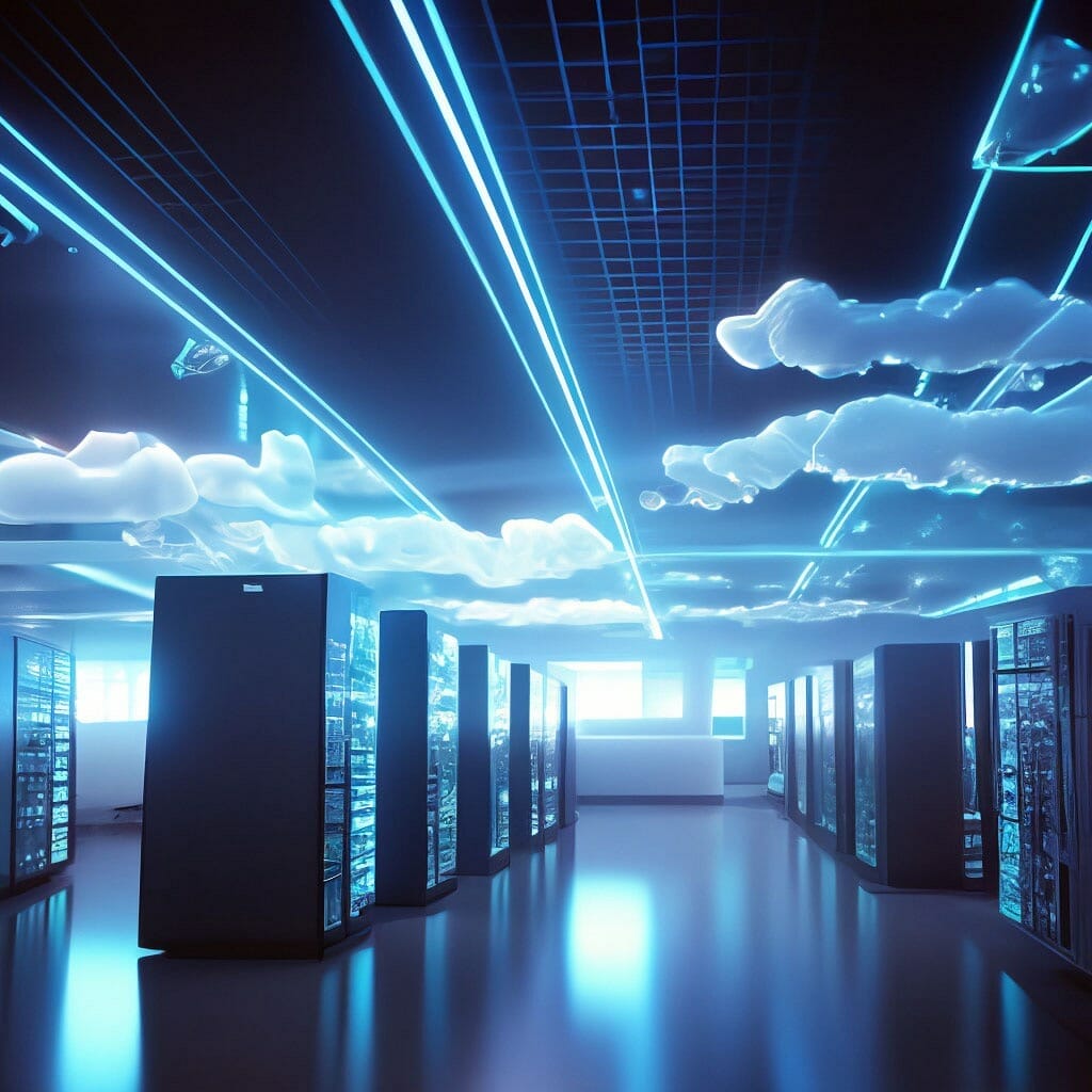 An Enteros server room with blue lights, enhanced cloud computing, and optimized performance.