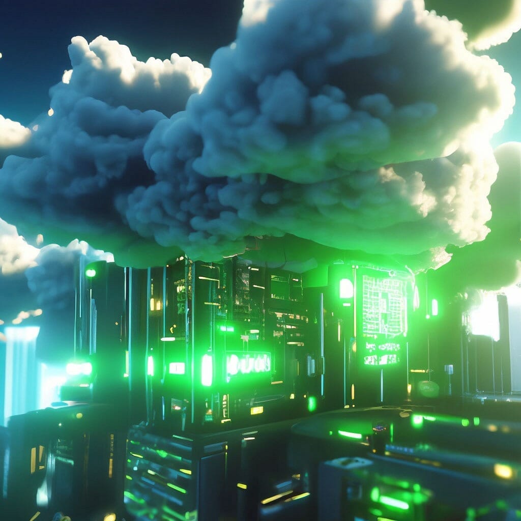 A futuristic city with green lights.