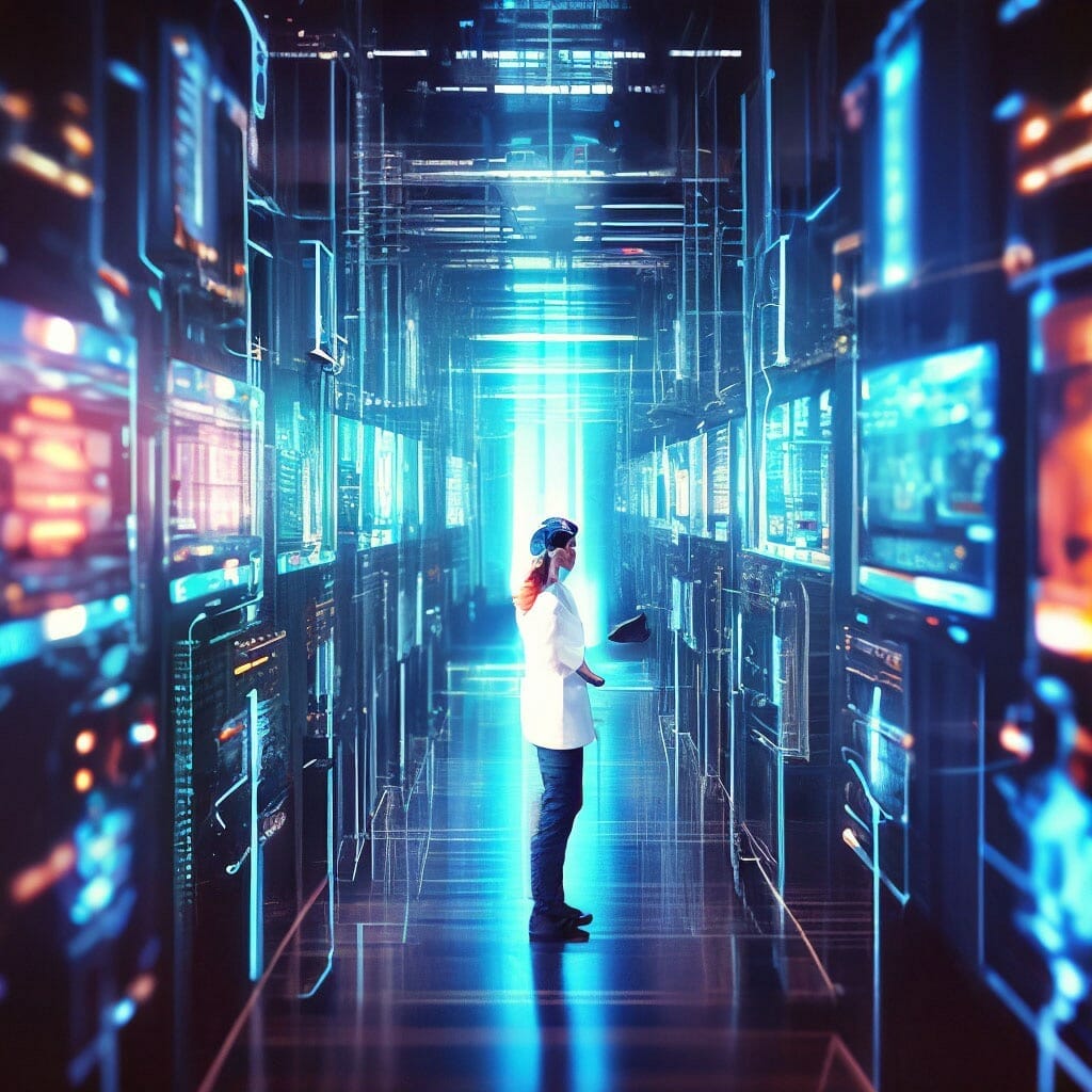 A woman in a lab coat is standing in a futuristic hallway, showcasing UpBeat by Enteros.