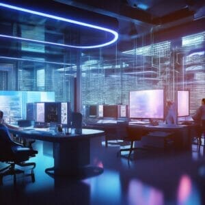 A futuristic office with people working on computers, emphasizing Operational Cost Reduction and Optimized RDBMS Performance Management.