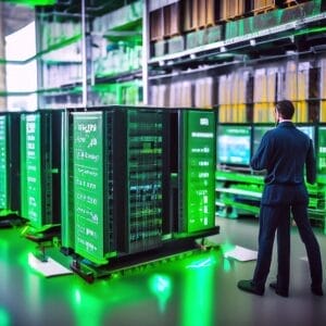 A man in a suit standing in front of green server racks, optimizing database performance.