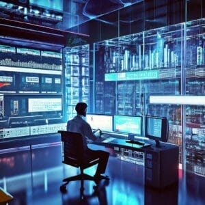 A man utilizing Enteros at a desk in a computer room to reduce Database Licensing and Cloud Resource Expenses.