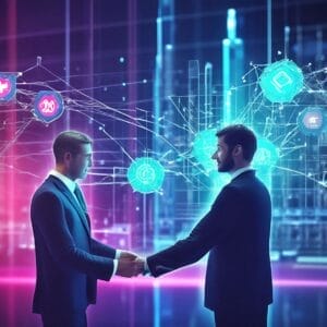 Two businessmen shaking hands in front of a futuristic background, showcasing High-Efficiency Database Performance Management with Enteros.