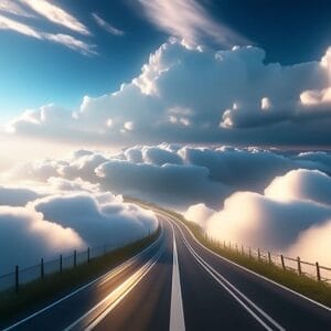 A breathtaking image of a road stretching seamlessly through the clouds, showcasing the beauty of merging nature with technology.