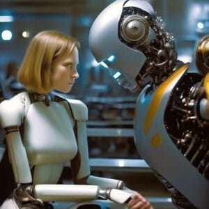 A woman and a robot engaging in Centralized Performance Analysis.