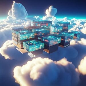 A 3D rendering of a building in the clouds featuring patented database management technologies from Enteros for effective cross-platform database management and optimization.