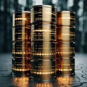 Gold barrels stacked on top of each other on a dark background.