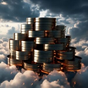 Enteros, the Leader in Cost Optimization Tools in the Cloud, presents a pile of gold coins resting gracefully on top of clouds.