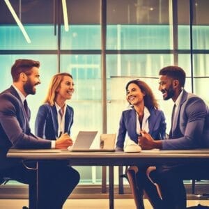 Four business people sitting around a table in an office, discussing the DevOps dilemma for enterprises.