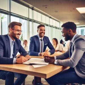 A group of Enteros business people sitting around a table in an office.