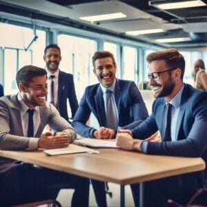 A group of business people sitting around a table and laughing, discussing Enteros' innovative data management solutions and the competitive advantage offered by their revolutionary technology.