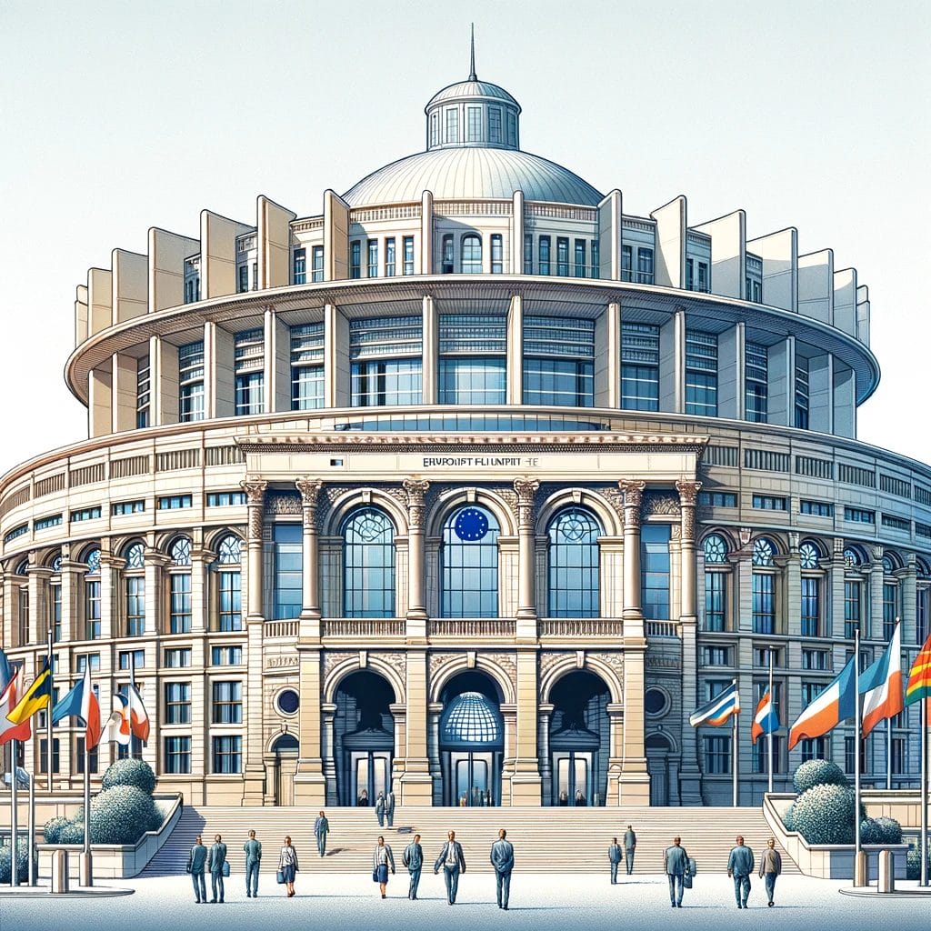 A government building with flags in front of it.