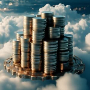 A stack of coins on top of a cloud.