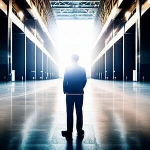 A man in a suit stands in an empty hallway.