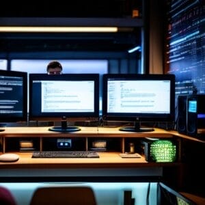 Three computer monitors in a dark room.