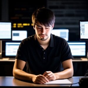 A man concentrating on work while sitting in front of multiple computer screens in a dark room.