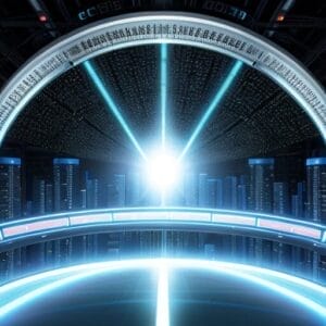 Futuristic control room with circular design, illuminated panels, and a bright central light amidst a starry background, optimized for Data-Driven Excellence.