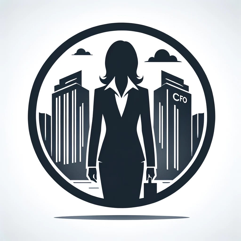 Silhouette of a businesswoman holding a briefcase, standing in front of tall buildings with the letters 