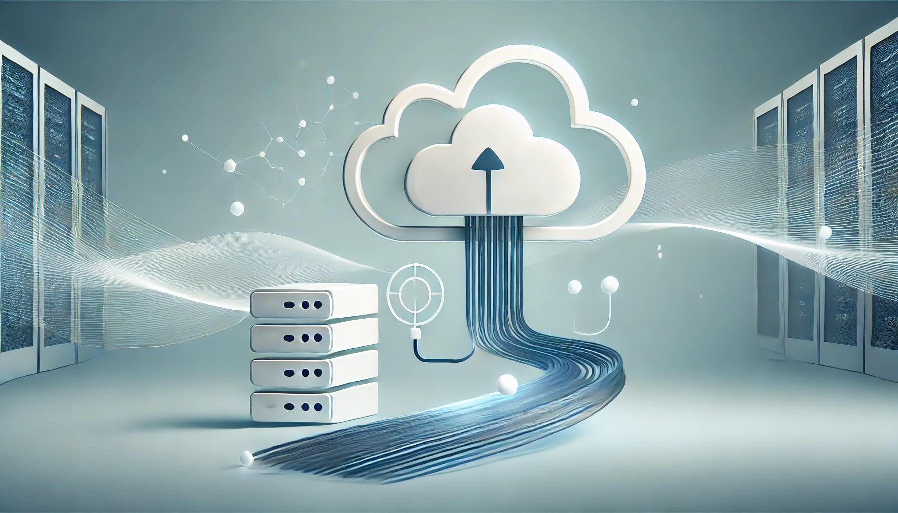 Illustration of cloud computing with servers, a cloud icon, and flowing data lines, symbolizing digital data transfer and storage.